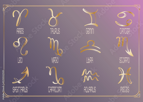 Zodiac constellations collection in golden color. Set of zodiac signs on a dark background. Astrological vector illustration for design.