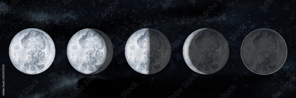 Obraz premium Moon phases on sky dark background. Galaxy Hand drawn watercolor illustration of cycle from new to full moon.