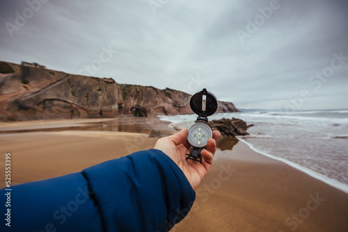 Man orienting with compass photo
