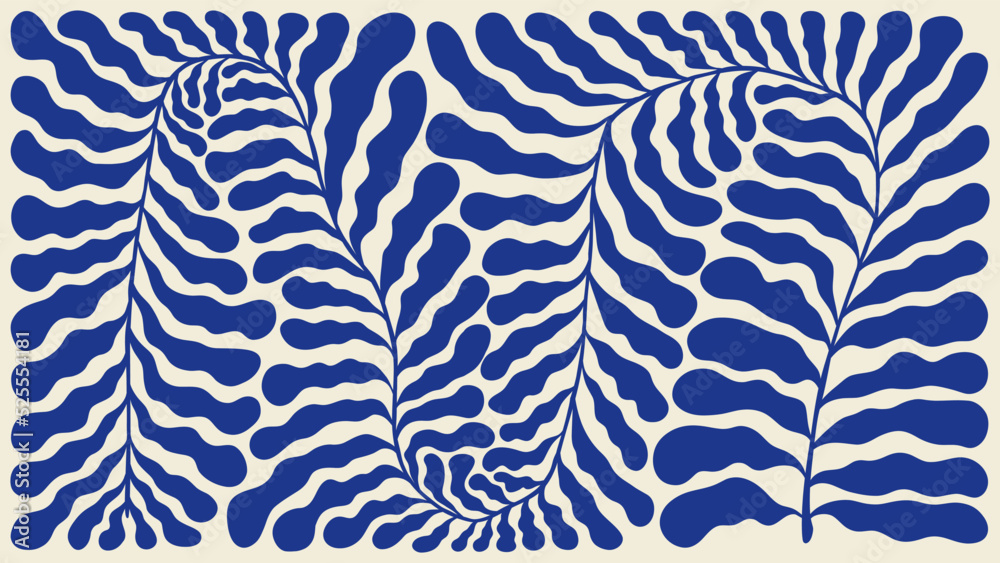 Abstract minimal poster. Contemporary background, modern print blue floral element, organic wavy shapes Matisse style. Vector art