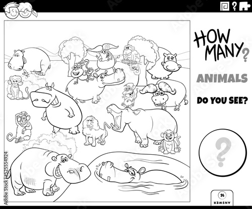 counting cartoon animals educational task coloring page