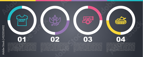 Set line USSR t-shirt, National emblem of Russia, Cannon and Military tank. Business infographic template. Vector