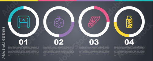 Set line Ushanka, Moon with flag, Kankles and Pickled cucumbers in jar. Business infographic template. Vector
