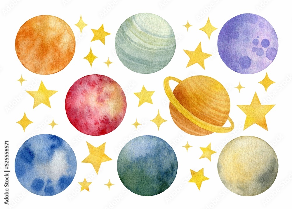 Multicolored planets and yellow stars isolated on white background. Cute hand-drawn space clipart. Watercolor ilustration for kids decor
