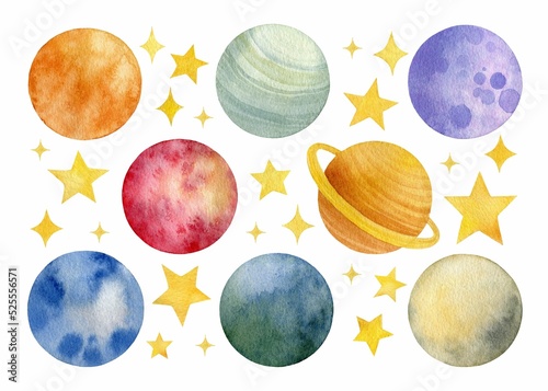 Fototapeta Naklejka Na Ścianę i Meble -  Multicolored planets and yellow stars isolated on white background. Cute hand-drawn space clipart. Watercolor ilustration for kids decor