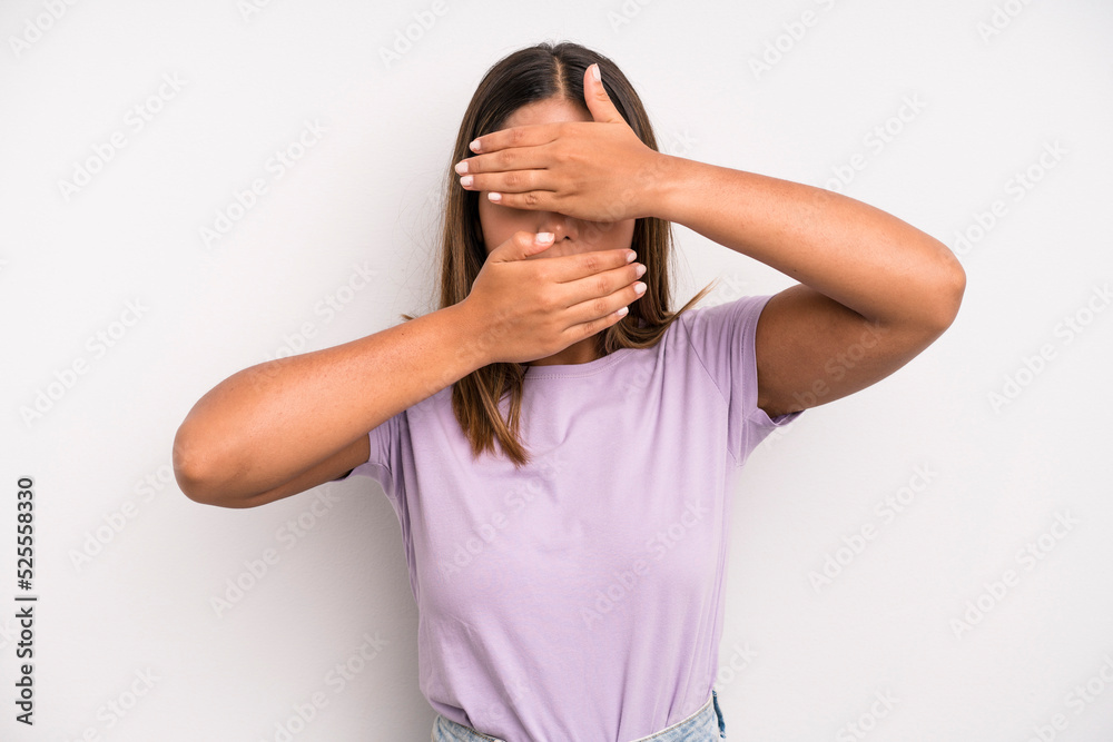 hispanic latin pretty woman covering face with both hands saying no to ...