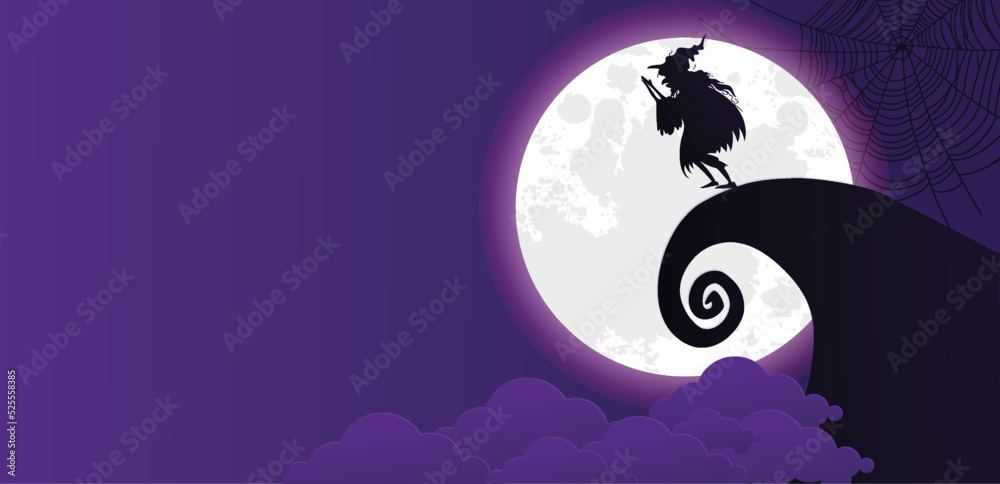 Happy Halloween banner or party invitation background with night clouds and pumpkins, Full moon in the sky, spiders web and flying bats.
