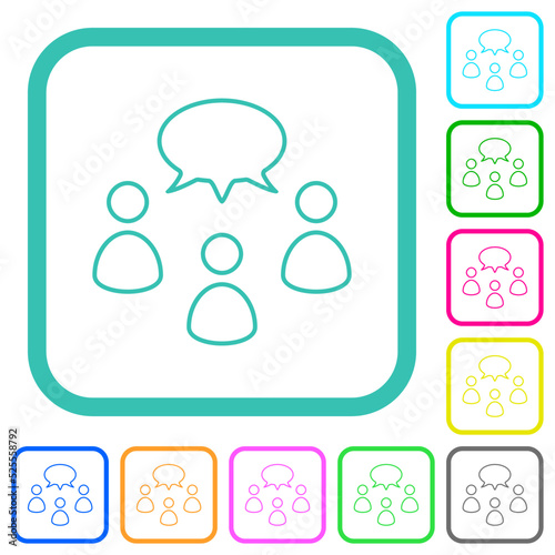 Three talking persons with oval bubble outline vivid colored flat icons