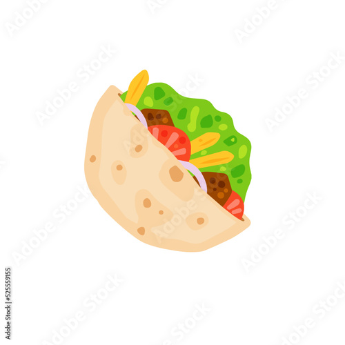 Kebab in pit. Mediterranean Bread with meat and vegetables. Turkish street food. Flat cartoon illustration isolated on white