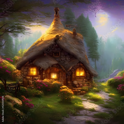 Fotografia Medieval thatched cottage with cobblestone walls in a misty moonlit forest at night