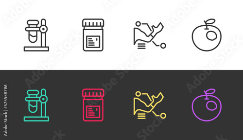 Set line Test tube flask on stand, Jar with additives, Prosthesis hand and Genetically modified apple on black and white. Vector