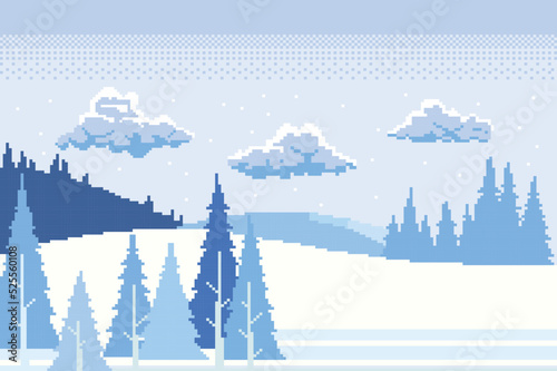 winter pixel art, winter beauty there are fir trees covered in white snow