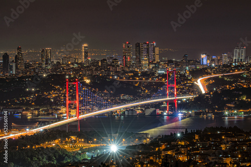 Panorama of Bosphorus Bridge ( new name is 15th July martyrs bridge) and city lights of Istanbul from Buyuk Camlıca Hill, after sunset, Turkey.
