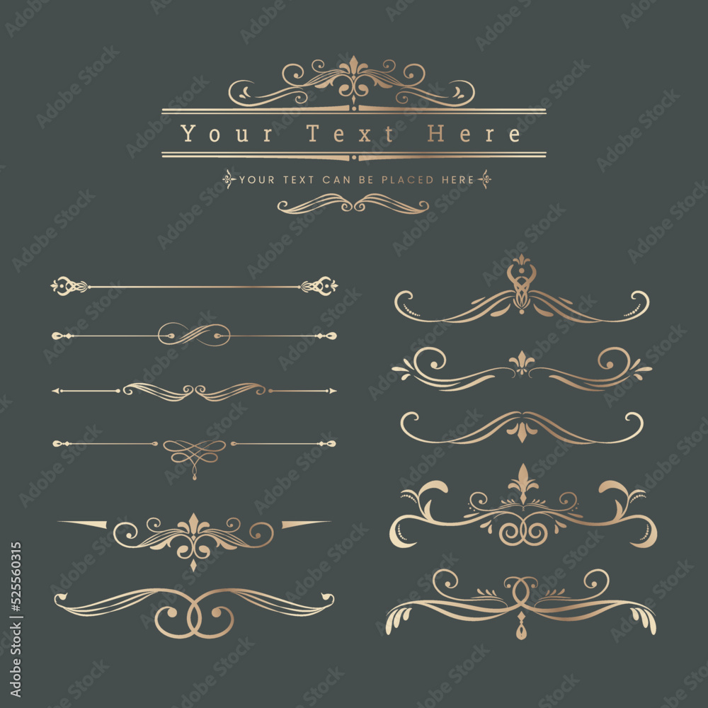 Luxury Gold vintage invitation vector set. Ornamental curls, dividers ...