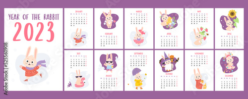 Cute rabbit printable calendar 2023. Vector Vertical planner organizer. Covers and 12 month A4 pages English. Week from Monday. Bunny character mascot symbol year. hare with flowers  Halloween  Easter