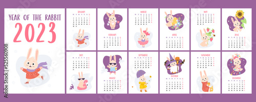 Cute rabbit printable calendar 2023. Vector Vertical planner organizer. Covers and 12 month A4 pages English. Week from Monday. Bunny character mascot symbol year. hare with flowers, Halloween, Easter