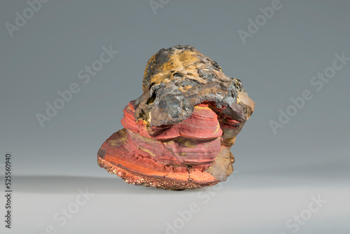 Goethite acicular iron ore. Limonite iron oxide hydrates. Museum Mineral Series. Orange yellow brown mineralogical sample