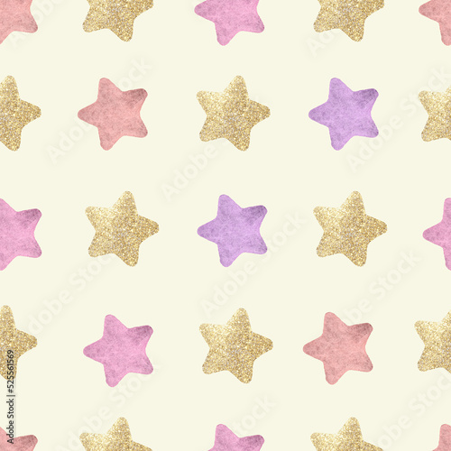 Seamless pattern watercolor colorful stars on a beige background
