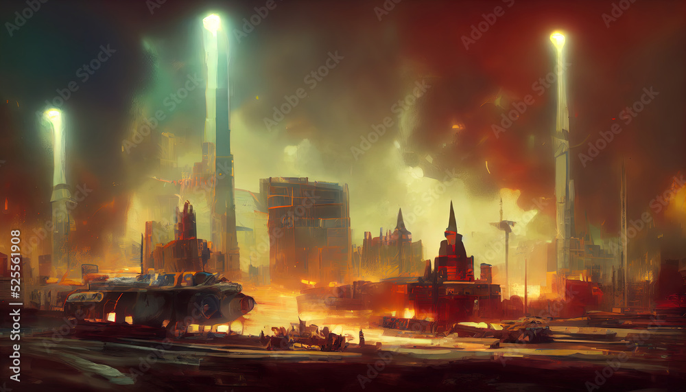 War near the futuristic City. Digital Art Illustration Painting