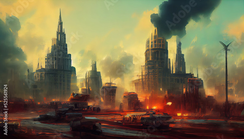 Fotografia War near the futuristic City. Digital Art Illustration Painting