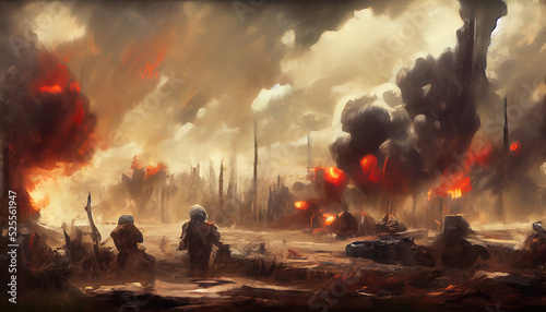 Soldiers after the war in battlefield. Digital Art Illustration Painting
