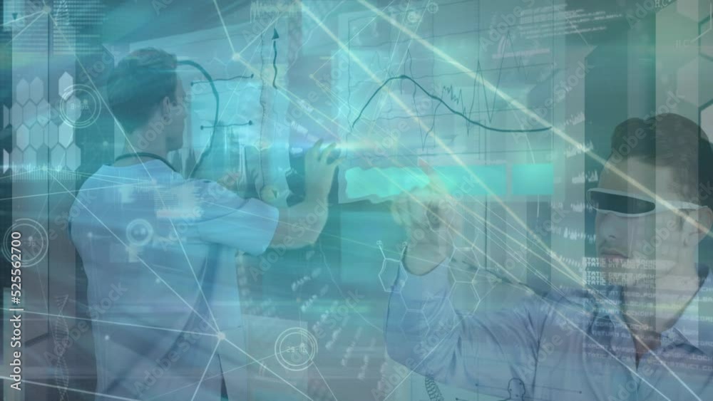 Animation of caucasian doctor analyzing data on transparent augmented and virtual reality simulator