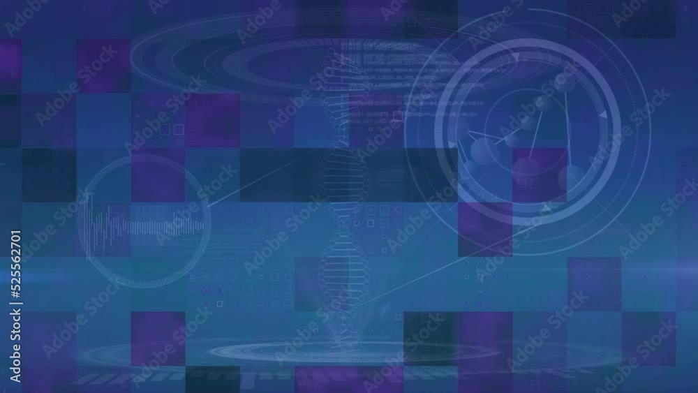 Animation of molecules, dna against abstract square patterned digital interface Animation of molecules, dna against abstract square patterned digital interface