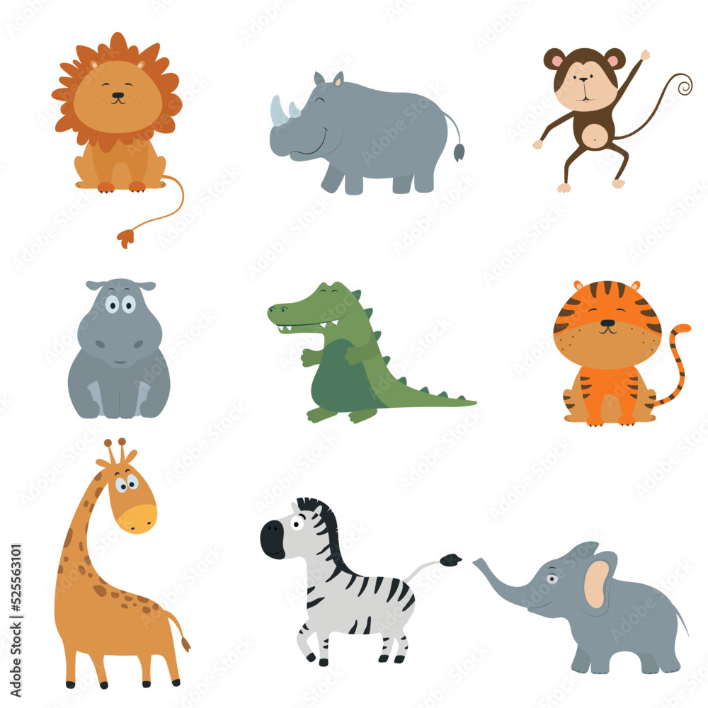 Fototapeta premium Safari cute animals vector set. Lion, tiger, hippo, crocodile, giraffe, toucan, monkey, zebra, elephant, rhinoceros