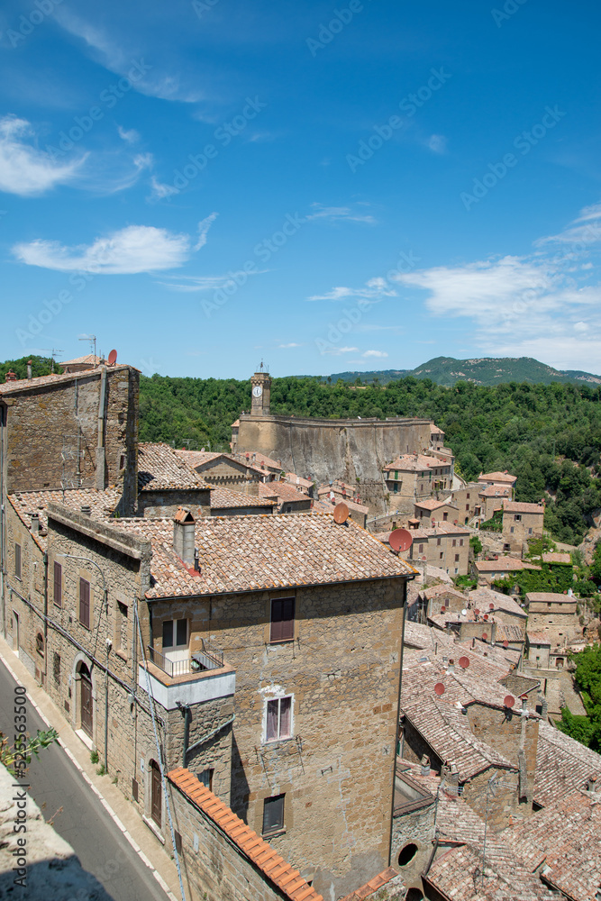 Tuscany, Italy. Panoramic view of the medieval hill town of Sorano. Etruscan towns of Tuscany. Towns that have existed for the second millennium. Ancient Sorano