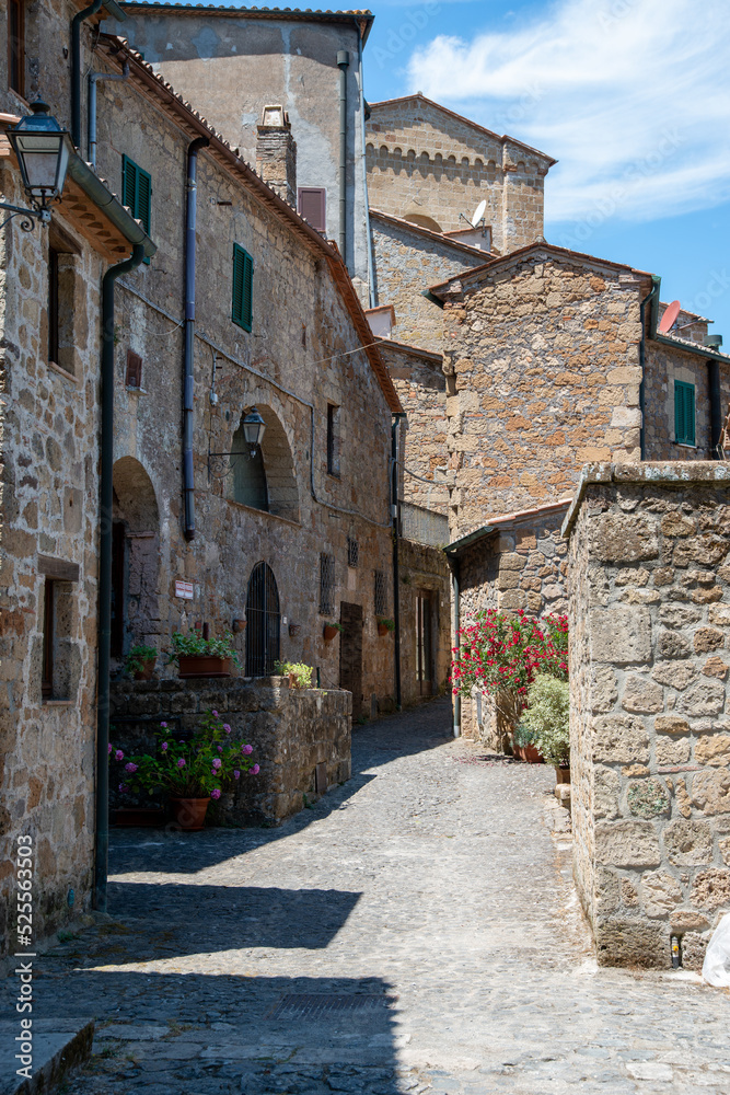 Tuscany, Italy. Narrow streets of the medieval hill town of Sorano. Etruscan towns of Tuscany. Towns that have existed for the second millennium. Ancient Sorano
