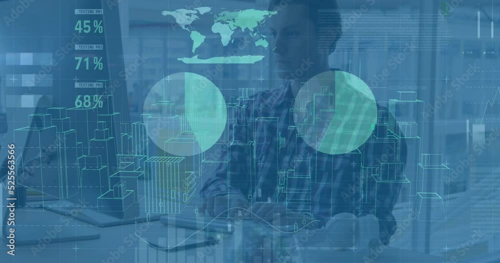 Animation of cityscape model and graphs over focused caucasian architect using desktop computer