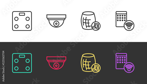 Set line Smart bathroom scales, Motion sensor, Voice assistant and Air humidifier on black and white. Vector