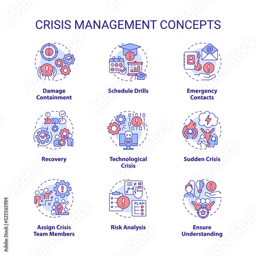 Crisis management concept icons set. Preventive measures. Risk control idea thin line color illustrations. Isolated symbols. Editable stroke. Roboto-Medium, Myriad Pro-Bold fonts used