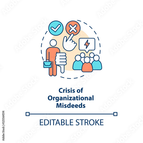 Crisis of organizational misdeeds concept icon. Negative results. Type of crisis abstract idea thin line illustration. Isolated outline drawing. Editable stroke. Arial, Myriad Pro-Bold fonts used