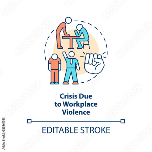 Crisis due to workplace violence concept icon. Beating employee. Type of crisis abstract idea thin line illustration. Isolated outline drawing. Editable stroke. Arial, Myriad Pro-Bold fonts used