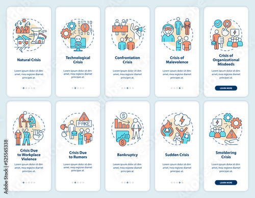 Crisis management onboarding mobile app screen set. Risks types walkthrough 5 steps editable graphic instructions with linear concepts. UI, UX, GUI template. Myriad Pro-Bold, Regular fonts used