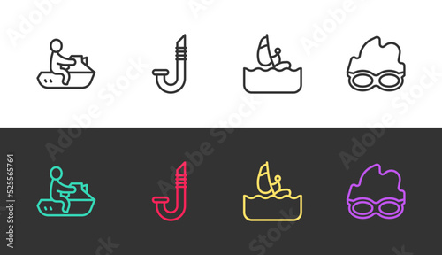 Set line Jet ski, Snorkel, Windsurfing and Glasses for swimming on black and white. Vector