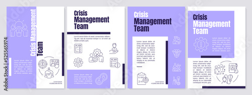 Crisis management team purple brochure template. Teamwork. Leaflet design with linear icons. Editable 4 vector layouts for presentation, annual reports. Anton, Lato-Regular fonts used
