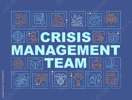 Crisis management team word concepts dark blue banner. Infographics with editable icons on color background. Isolated typography. Vector illustration with text. Arial-Black font used