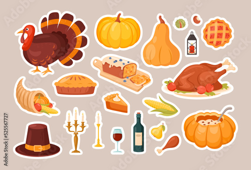 Thanksgiving stickers. Vector icon set of autumn elements with roast turkey, cartoon pumpkin food, wine, candles, pilgrim hat, pie. Happy Thanksgiving day. Harvest festival. Autumn greeting card