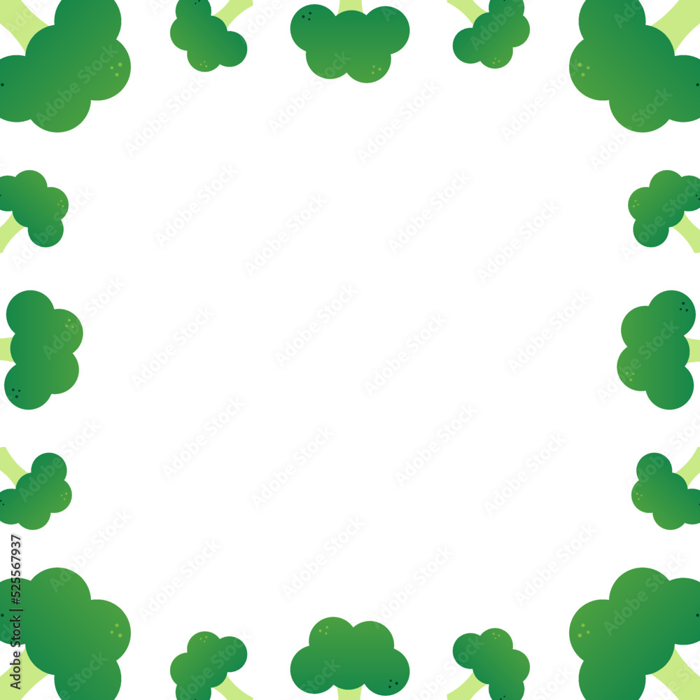 Cute cartoon style vector square frame, card template with green broccoli for healthy food and nature design. Cute cartoon style vector square frame, card template with green broccoli for healthy food and nature design.