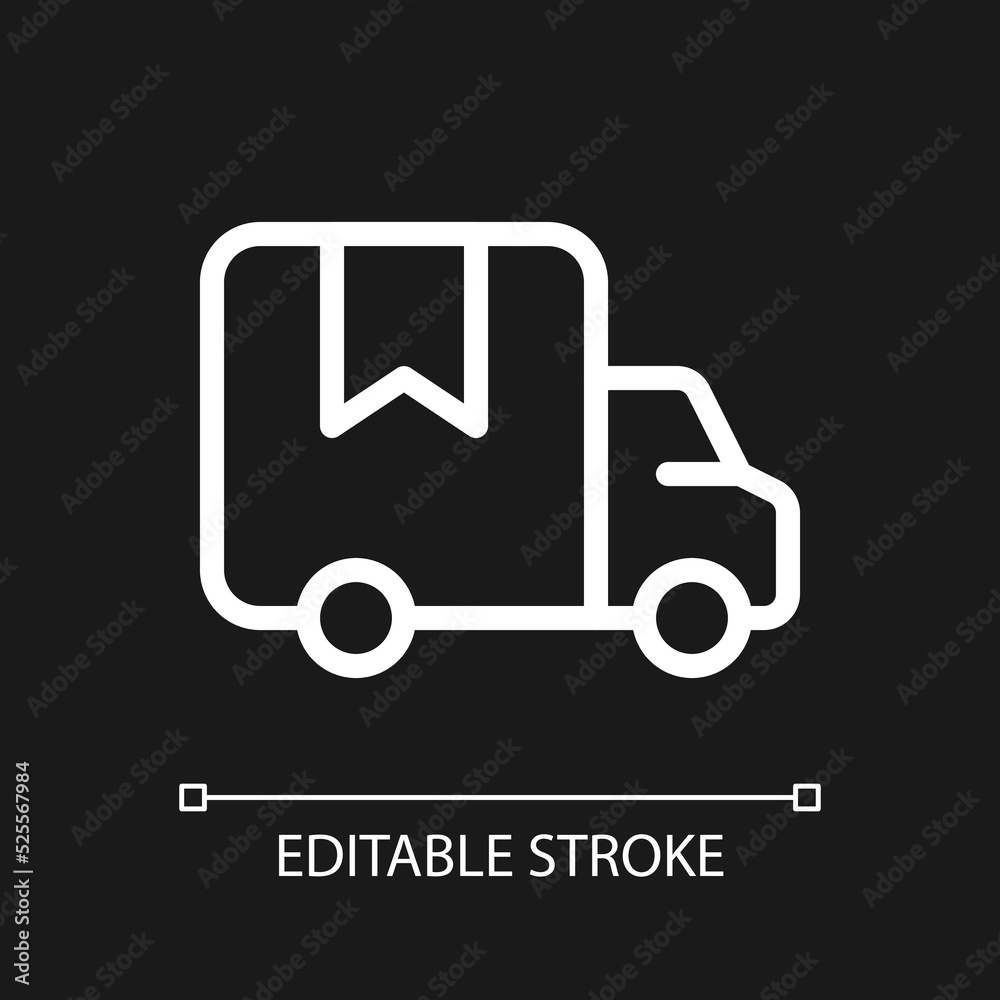 Delivery truck pixel perfect white linear ui icon for dark theme. Transporting goods, products. Vector line pictogram. Isolated user interface symbol for night mode. Editable stroke. Arial font used