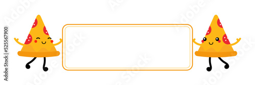 Couple of cute cartoon style pizza slice characters holding in hands blank card, banner.