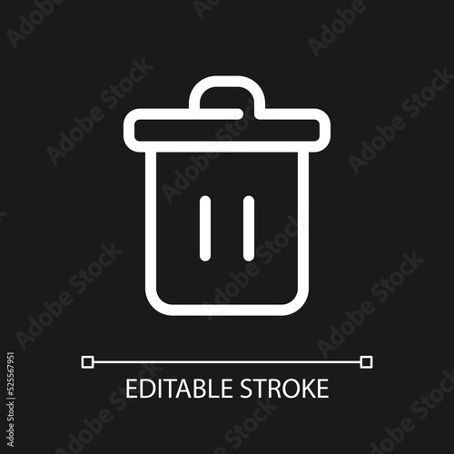 Trash can pixel perfect white linear ui icon for dark theme. Recycle bin. Garbage container. Vector line pictogram. Isolated user interface symbol for night mode. Editable stroke. Arial font used