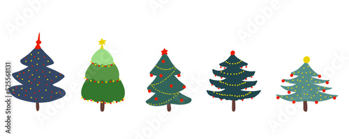 Christmas tree. New Year fir tree. Stock vector set illustration on white background.