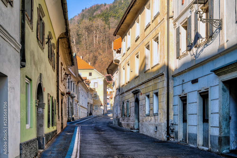Narrow street in the old town of Trizic, Slovenia.