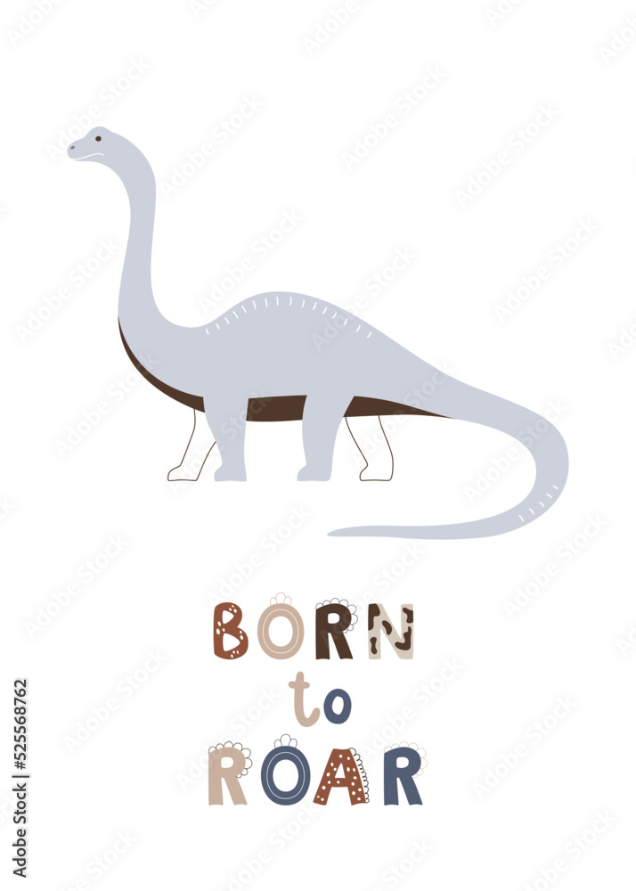 Childish poster with cute dinosaur diplodocus and text cool kids. Vector illustration for kids birthday greeting card