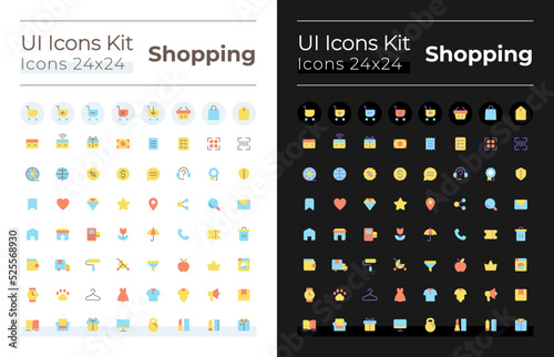 Shopping flat color ui icons set for dark, light mode. Digital commerce. Online store. Retail shop. GUI, UX design for mobile app. Vector isolated RGB pictograms. Montserrat Bold, Light fonts used