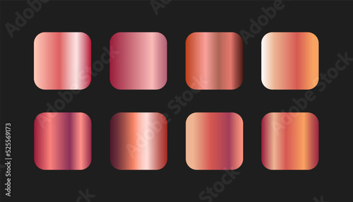 Trendy beautiful gradient set red rose gold colors for design. Modern gradient set. Red gold metallic pallete. Luxury colors. Red pink Metallic gradients set