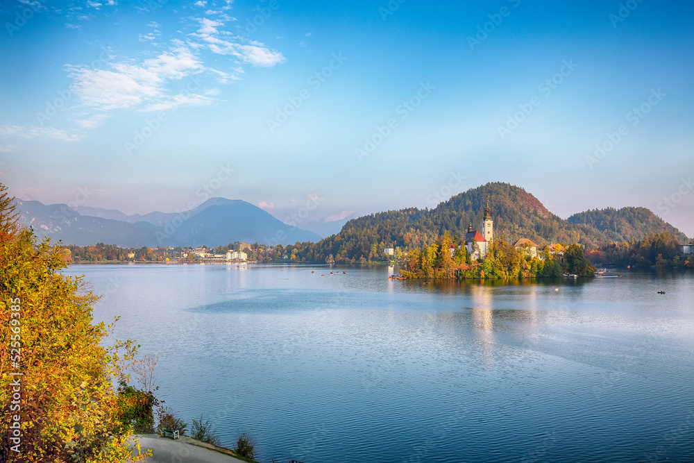 Gorgeous sunny day view of popular tourist destination  Bled lake.